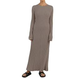 Sweater Dress for Women 2023 Elegant Long Sleeve Crew Neck Ribbed Knit Solid Fall Bodycon Maxi Dress Streetwear (Grayish Apricot 01, S) von Owegvia