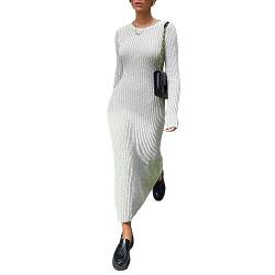 Sweater Dress for Women 2023 Elegant Long Sleeve Crew Neck Ribbed Knit Solid Fall Bodycon Maxi Dress Streetwear (Q01-White, S) von Owegvia