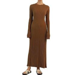 Sweater Dress for Women 2023 Elegant Long Sleeve Crew Neck Ribbed Knit Solid Fall Bodycon Maxi Dress Streetwear (Reddish Coffee 01, L) von Owegvia