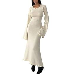 Sweater Dress for Women 2023 Elegant Long Sleeve Crew Neck Ribbed Knit Solid Fall Bodycon Maxi Dress Streetwear (White 02, M) von Owegvia