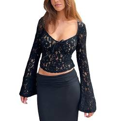 Women Cropped T-Shirt Floral See-Through Lace Long Sleeve Tops Black White Lace Tops for Women Streetwear Clubwear (Black, S) von Owegvia