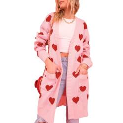 Women Open Front Duster Sweaters Casual Heart Print Knitted Cardigan with Pockets Warm Fall Knitwear for Streetwear (Pink, XL) von Owegvia