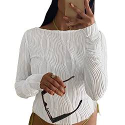 Women Sexy Slim Fit Long Sleeve T-Shirt Round Neck Pleated Ruched Crop Top Textured Skinny Basic Pullover Shirts Y2k Streetwear (White, S) von Owegvia