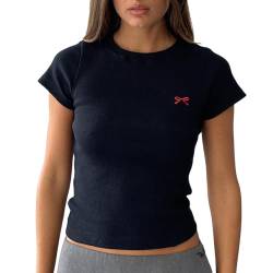 Women's Basic Fitted Short Sleeve T-Shirt Solid Skinny Crew Neck Tee Shirt Y2k Tight Slim Crop Top 90s Summer Streetwear (C- Black, M) von Owegvia