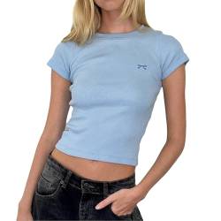 Women's Basic Fitted Short Sleeve T-Shirt Solid Skinny Crew Neck Tee Shirt Y2k Tight Slim Crop Top 90s Summer Streetwear (C-Blue Bow, S) von Owegvia