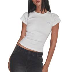 Women's Basic Fitted Short Sleeve T-Shirt Solid Skinny Crew Neck Tee Shirt Y2k Tight Slim Crop Top 90s Summer Streetwear (C- White, S) von Owegvia