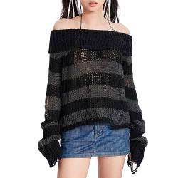 Women's Y2K Off Shoulder Knit Tops Stripe Print Ripped Long Sleeve Loose Aeathetic Sweaters Gothic Punk Knitwear (Gray, M) von Owegvia