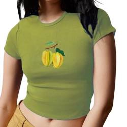Womens E-Girls Short Sleeve T-Shirt Crop Tops Bow Print Short Sleeve Tops Aesthetic Grunge Clothes Fairy Tee Tops (W1- Dark Green, M) von Owegvia