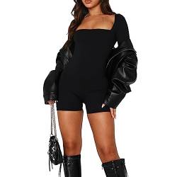 Y2k Rippenstrick Bodycon Short Jumpsuit Quadratischer Hals Langarm Slim Bodysuit Skinny One Piece Romper Playsuit (Q01-Black, S) von Owegvia