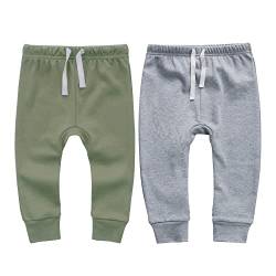 Owlivia 100% Bio-Baumwolle Baby-Junge-Mädchen 2er Pack Wiggle Hose Jogginghose - Dunkel Grau Melange & Olive Grün, 0-3 Monate von Owlivia