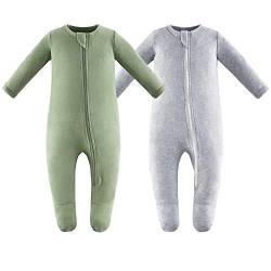 Owlivia Baby Schlafstrampler aus Bio Baumwolle, für Mädchen und Jungen, Langarm, mit Fußen (Grün & Grau, 12-18 Monate) von Owlivia