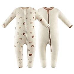 Owlivia Baby Schlafstrampler aus Bio Baumwolle, für Mädchen und Jungen, Langarm, mit Fußen (Minibären & Beige, 0 Monate) von Owlivia