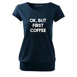 OwnDesigner Ok but First Coffee Cooles Frauen Tshirt mit Druck mit engem Saum Top-Sommer Freizeit Kurzarm (City-87-S-Navy) von OwnDesigner