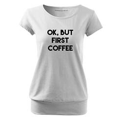 OwnDesigner Ok but First Coffee Frauen T Shirt mit Spruch handgefärtigt Oversize-Shirt Rundhals Mädchen kurzärmlig (City-87-M-Weiß) von OwnDesigner