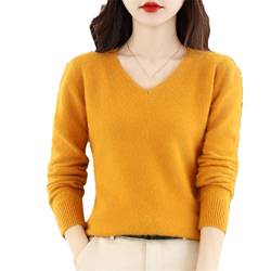 Damen V-Ausschnitt Kaschmir Pullover Lose Pullover Basic Strickwear Top, Ginger Yellow, L von Ownwfeat