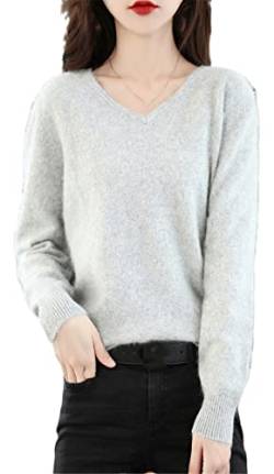 Damen V-Ausschnitt Kaschmir Pullover Lose Pullover Basic Strickwear Top, Hellgrau 9, L von Ownwfeat