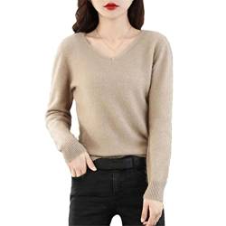 Damen V-Ausschnitt Kaschmir Pullover Lose Pullover Basic Strickwear Top, Khaki9, L von Ownwfeat