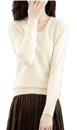 Damen V-Ausschnitt Kaschmir Pullover Lose Pullover Basic Strickwear Top, beige, M von Ownwfeat