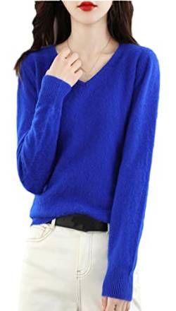 Damen V-Ausschnitt Kaschmir Pullover Lose Pullover Basic Strickwear Top, blau, L von Ownwfeat