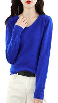 Damen V-Ausschnitt Kaschmir Pullover Lose Pullover Basic Strickwear Top, blau, M von Ownwfeat