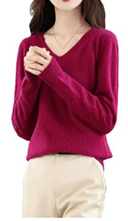 Damen V-Ausschnitt Kaschmir Pullover Lose Pullover Basic Strickwear Top, burgunderfarben, M von Ownwfeat