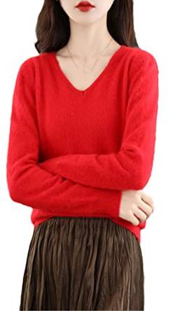 Damen V-Ausschnitt Kaschmir Pullover Lose Pullover Basic Strickwear Top, rot, L von Ownwfeat