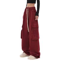 Ownwfeat Damen-Cargohose, Niedrige Taille, Gerade Hose Red S von Ownwfeat