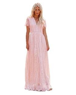 Ownwfeat Damen Maxikleid mit tiefem V-Ausschnitt, Spitze, Ausschnitt, Boho-Kleid, Weiß, rose, Small von Ownwfeat