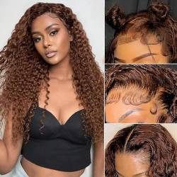 13x4 Lace Front Wig Human Hair Echthaar Perücke Deep Wave HD Lace Front Perücke Braun 180% Density Light Brown Perücke Damen Human Hair Perücke Damen Echthaar 16 Zoll(40cm) von Oxeyegirl