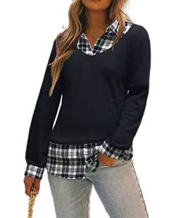 Damen Soft Herbst Winter Langarm Plaid Patchwork Plus Size Tops Bluse T-Shirts, B14-schwarz kariert, Groß von Oyamiki