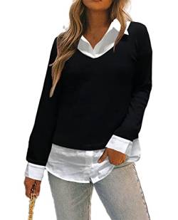 Oyamiki Damen Casual Kragen Curved Hem 2 in 1 Pullover Tops Plaid Kontrast Shirt Bluse, B04 Schwarz Weiß, Mittel von Oyamiki