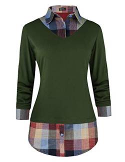 Oyamiki Damen Casual Kragen Curved Hem 2 in 1 Pullover Tops Plaid Kontrast Shirt Bluse, Grün (Army Green), X-Groß von Oyamiki