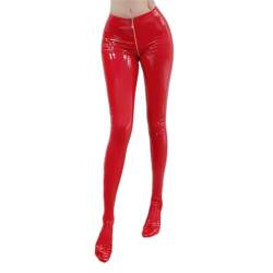 Oyolan Damen Leggings Sexy Lederhose Lederoptik Hose Wetlook mit Reißverschluss Low Waist Skinny Party Gogo Clubwear Rot 3XL von Oyolan