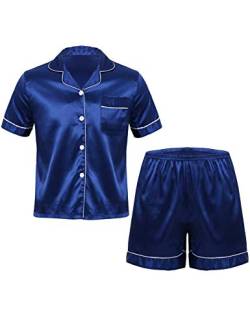 Oyolan Herren Satin Pyjama Set Sommer Schlafanzug Kurzarm Top Oberteil mit Kurz Hose Shorts Sleepwear Zweiteiliger Homewear Nachtwäsche Marineblau L von Oyolan