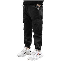 Oyolan Jungen Cargo Jeans Hose Elastische Taille Cargohose Kinder Trainingshose Jogginghose Sporthose Streetwear Gr. 110-164 Schwarz 122-128 von Oyolan