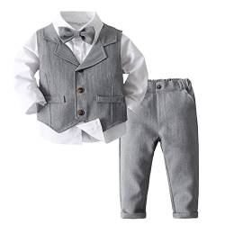 Oyolan Jungen Gentleman Smoking Anzug Hemd + Hosen + Weste + Fliege Sets Langarm 4tlg Babykleidung für Festlich Taufe Hochzeit Grau 80-86 von Oyolan