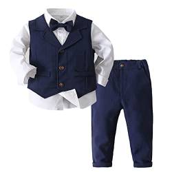 Oyolan Jungen Gentleman Smoking Anzug Hemd + Hosen + Weste + Fliege Sets Langarm 4tlg Babykleidung für Festlich Taufe Hochzeit Navy Blau 92-98 von Oyolan