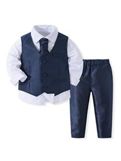 Oyolan Jungen Gentleman Smoking Anzug Hemd + Hosen + Weste + Fliege Sets Langarm 4tlg Babykleidung für Festlich Taufe Hochzeit T Navy Blau 92-98 von Oyolan
