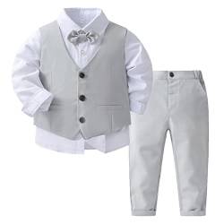 Oyolan Jungen Gentleman Smoking Anzug Hemd + Hosen + Weste + Fliege Sets Langarm 4tlg Babykleidung für Festlich Taufe Hochzeit Z Grau 86-92 von Oyolan