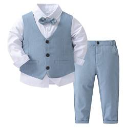 Oyolan Jungen Gentleman Smoking Anzug Hemd + Hosen + Weste + Fliege Sets Langarm 4tlg Babykleidung für Festlich Taufe Hochzeit Z Hell Blau 98-104 von Oyolan