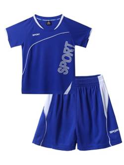 Oyolan Jungen Sportanzug Trainingsanzug Kurzarm T-Shirt mit Sportshorts Kinder Jogginganzug Fussball Basketball Outfits Gr. 122-164 Blau 122-128 von Oyolan