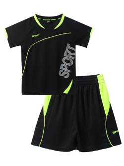 Oyolan Jungen Sportanzug Trainingsanzug Kurzarm T-Shirt mit Sportshorts Kinder Jogginganzug Fussball Basketball Outfits Gr. 122-164 Schwarz 122-128 von Oyolan