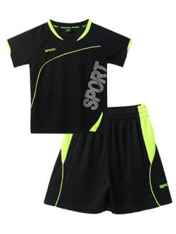 Oyolan Jungen Sportanzug Trainingsanzug Kurzarm T-Shirt mit Sportshorts Kinder Jogginganzug Fussball Basketball Outfits Gr. 122-164 Schwarz 146-152 von Oyolan