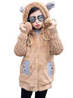 Oyolan Kinder Mädchen Kapuzenjacke Teddybär Fleecejack Winter Outwear Mantel Cartoon Sweatshirt Hoodie Pullover mit Ohren Gr.98-164 Khaki 110-116 von Oyolan