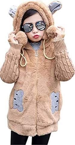 Oyolan Kinder Mädchen Kapuzenjacke Teddybär Fleecejack Winter Outwear Mantel Cartoon Sweatshirt Hoodie Pullover mit Ohren Gr.98-164 Khaki 134-140 von Oyolan