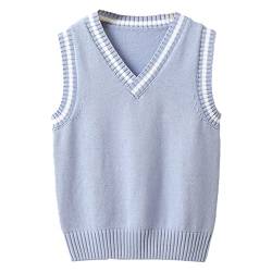 Oyolan Kinder Strickweste Jungen Mädchen Pullunder V-Ausschnitt Ärmellos Baumwolle Sweater Pullover Weste Strickwaren Hell Blau 146-152 von Oyolan