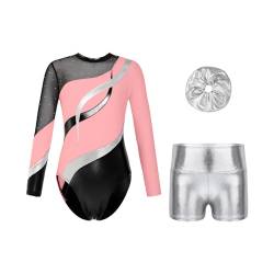 Oyolan Mädchen Kinder Gymnastikanzug Turnanzug Glitzernde Gymnastikbody Langarm Turntrikot mit Kurze Hose Tanzkostüm Hell-Pink A 110-116 von Oyolan