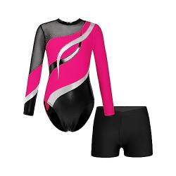 Oyolan Mädchen Kinder Gymnastikanzug Turnanzug Glitzernde Gymnastikbody Langarm Turntrikot mit Kurze Hose Tanzkostüm Hot Pink 110-116 von Oyolan