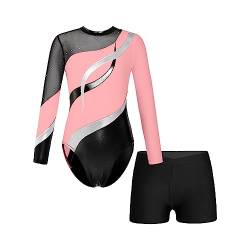 Oyolan Mädchen Kinder Gymnastikanzug Turnanzug Glitzernde Gymnastikbody Langarm Turntrikot mit Kurze Hose Tanzkostüm Rosa 110-116 von Oyolan