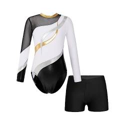 Oyolan Mädchen Kinder Gymnastikanzug Turnanzug Glitzernde Gymnastikbody Langarm Turntrikot mit Kurze Hose Tanzkostüm Weiß 146-152 von Oyolan